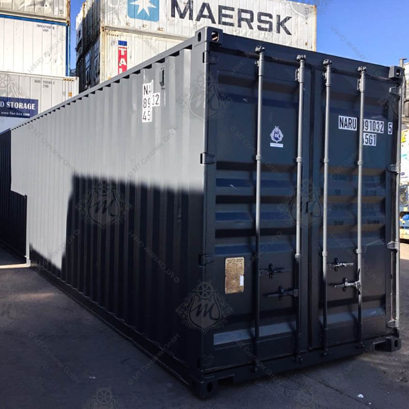 Ein dunkelgrauer 40 Fuß High Cube Seecontainer mit der Nummer NARU 891032-5 ist abgebildet.