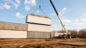 Mobilkran setzt einen Seecontainer beim Aufbau einer Containerwand