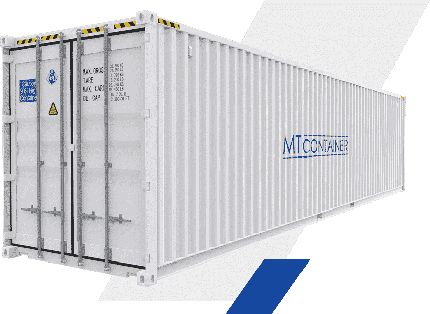 Typischer Lagercontainer, gebrandet mit Schriftzug: MT Container.