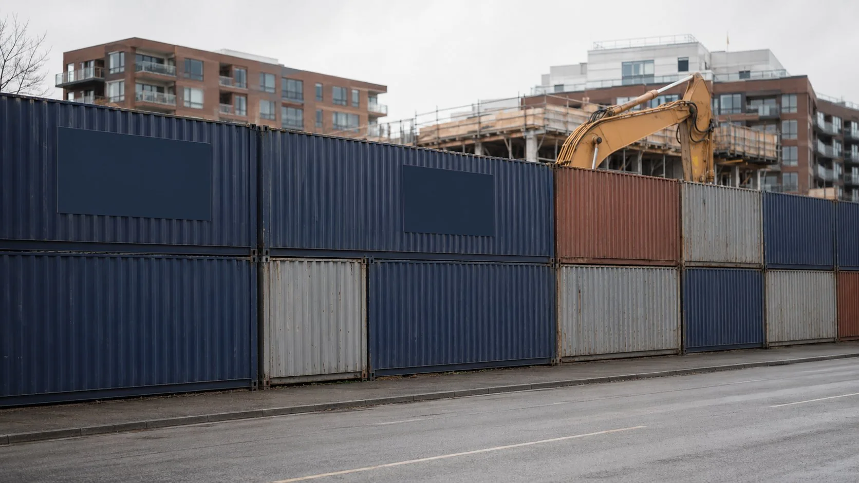 Mobile Lärmschutzwand aus Seecontainern an einer innerstädtischen Baustelle