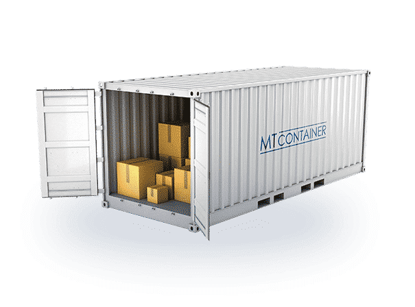 Lagercontainer-Ansicht mit geöffneten Türen und sichtbar eingelagerten Kartons