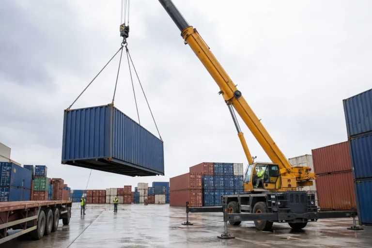 Gestapelte Seecontainer im Depot mit Mobilkran – ein 20-Fuß-Container entspricht einem TEU