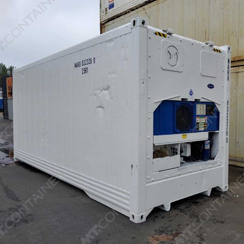 Weißer 20 Fuß High Cube Kühlcontainer NARU 032326 0, Vorderansicht von außen