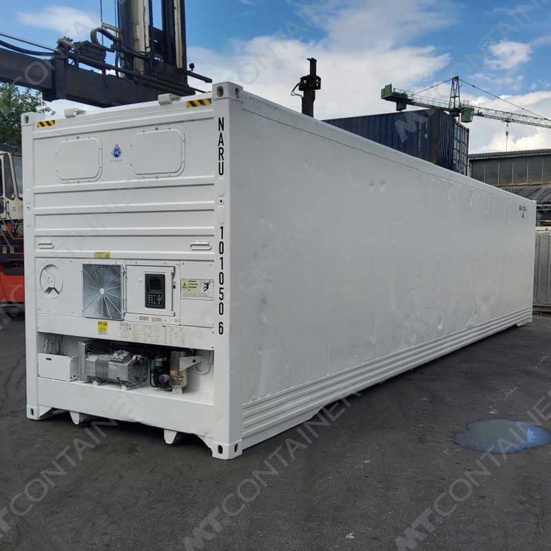 Weißer 40 Fuß High Cube Kühlcontainer NARU 101050 6, Vorderansicht von außen
