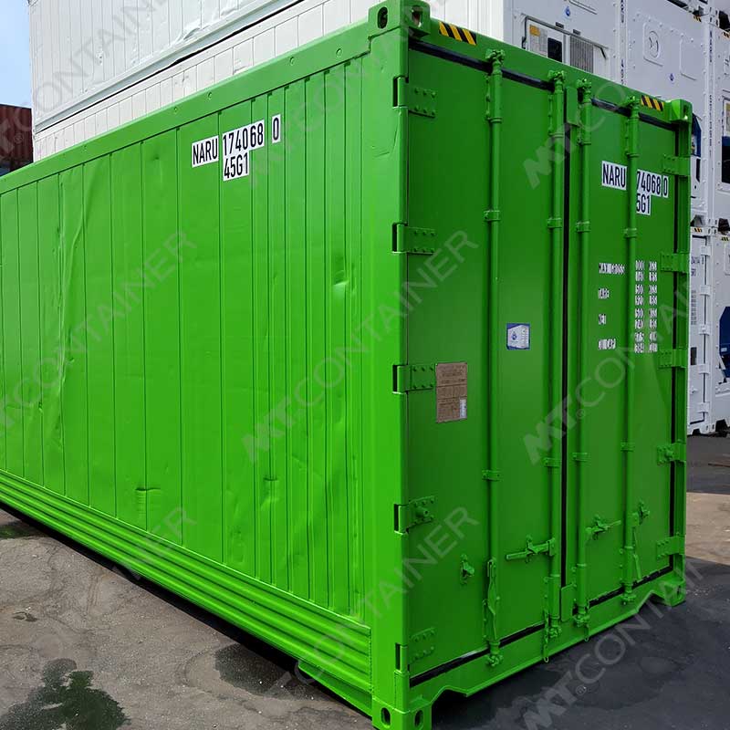Grüner 40 Fuß High Cube Isoliercontainer NARU 174068 0, Rückansicht von außen links