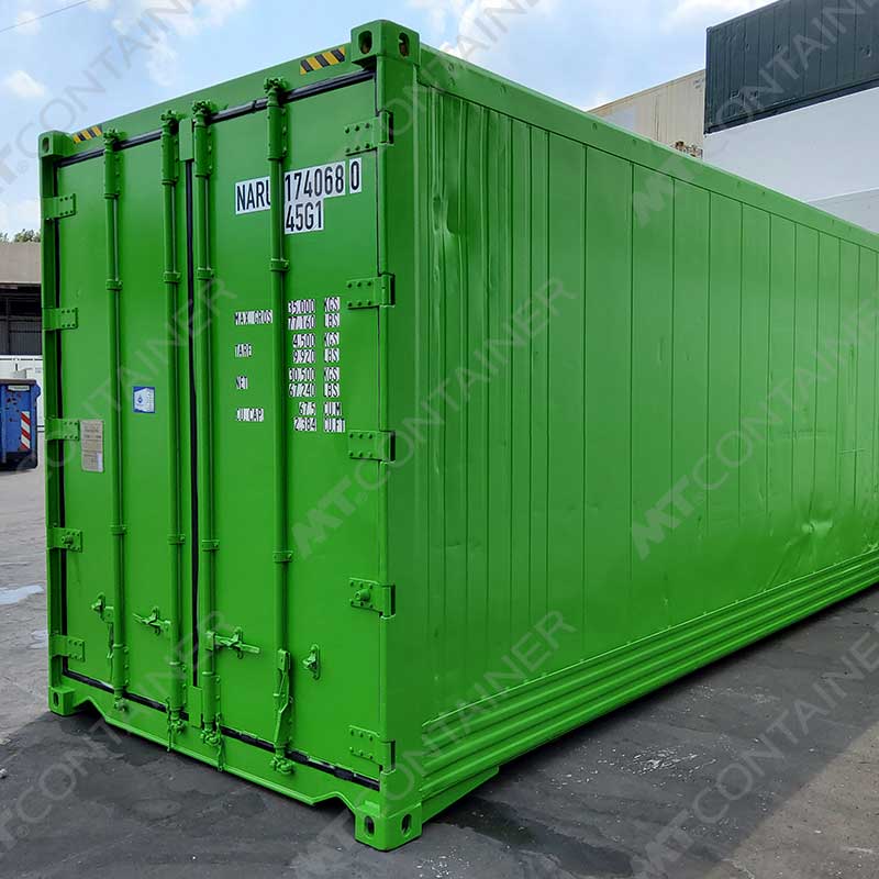 Grüner 40 Fuß High Cube Isoliercontainer NARU 174068 0, Rückansicht von außen rechts