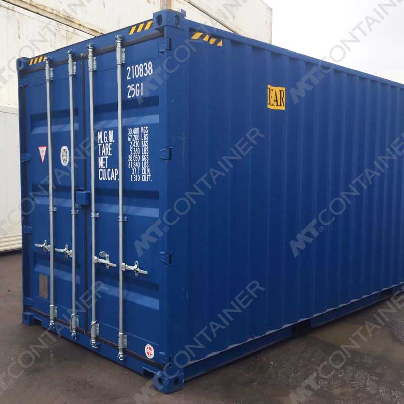Blauer 20 Fuß High Cube Seecontainer NARU 210838 0, Rückansicht von außen rechts