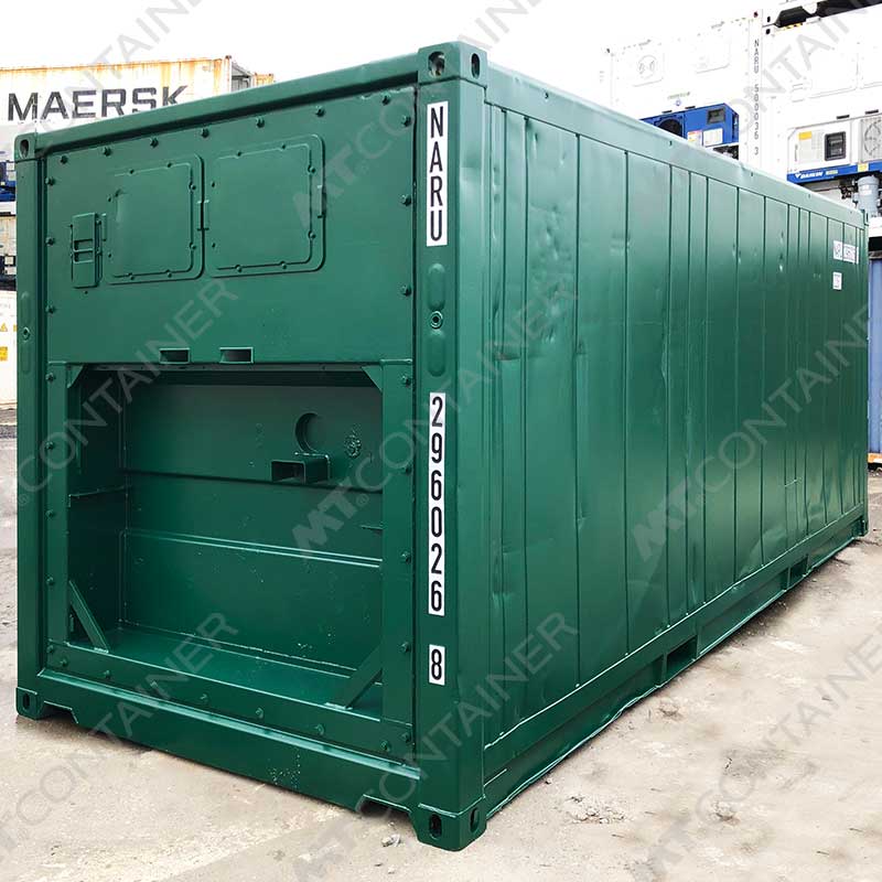 Ein 20-Fuß-Isoliercontainer, NARU 296026-8, lackiert in RAL6005, dunkelgrün.