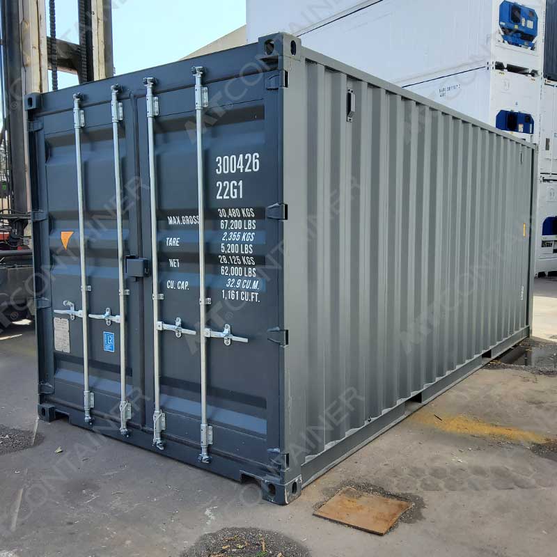 Grauer 20 Fuß Double Door Seecontainer NARU 300426 7, Rückansicht von außen rechts