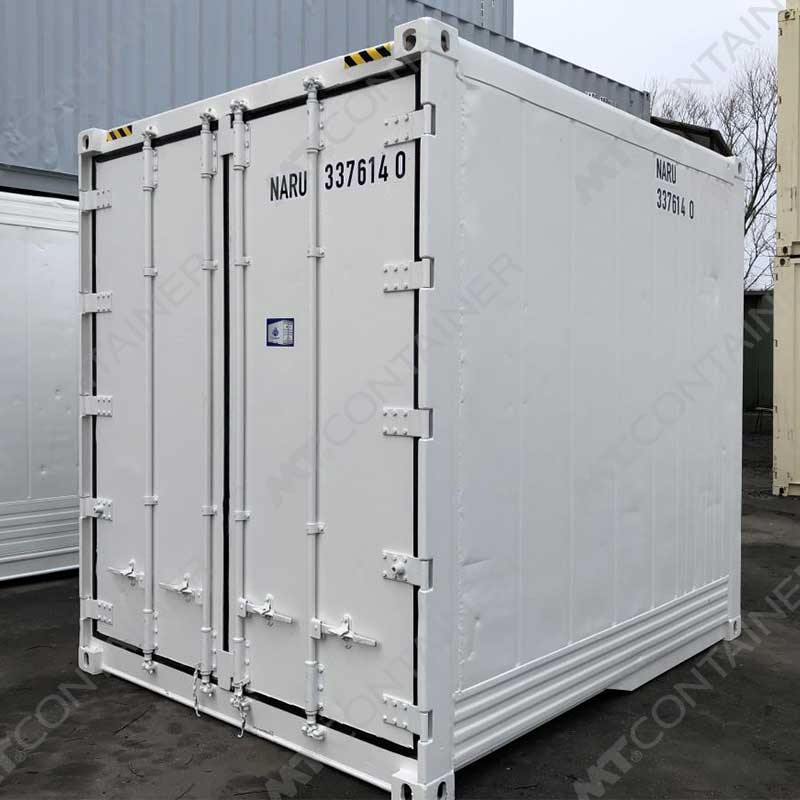 Weißer 10 Fuß High Cube Kühlcontainer NARU 337614 0, Rückansicht von außen rechts