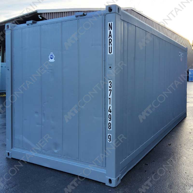 Ein grauer 20-Fuß-Isoliercontainer mit der Aufschrift "NARU 371498-9", lackiert in einer Wunschfarbe.