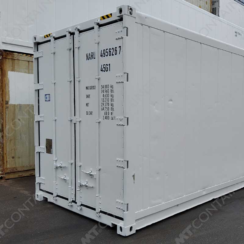 Weißer 40 Fuß High Cube Isoliercontainer NARU 495626 7, Rückansicht von außen rechts