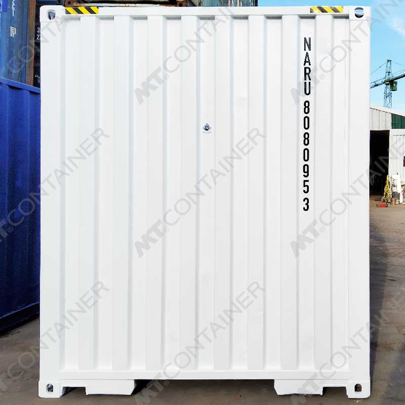 Weißer 40 Fuß High Cube Seecontainer NARU 808095 3, Vorderansicht von außen
