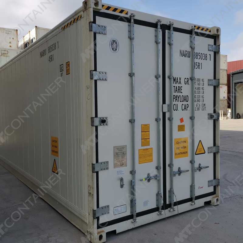 Weißer 40 Fuß High Cube Kühlcontainer NARU 885038 1, Rückansicht von außen links