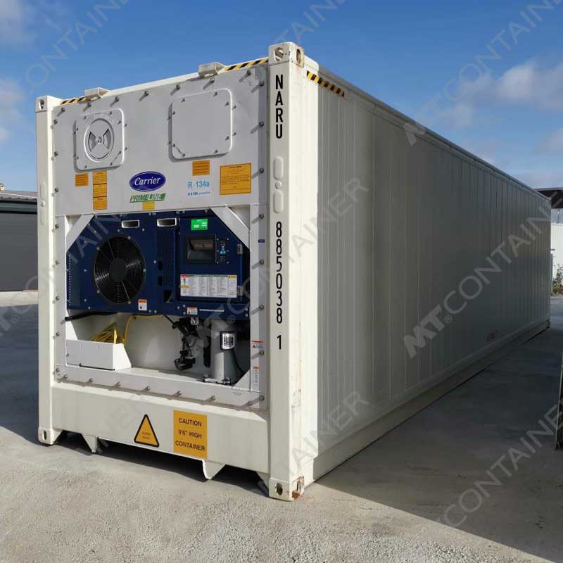 Weißer 40 Fuß High Cube Kühlcontainer NARU 885038 1, Vorderansicht von außen