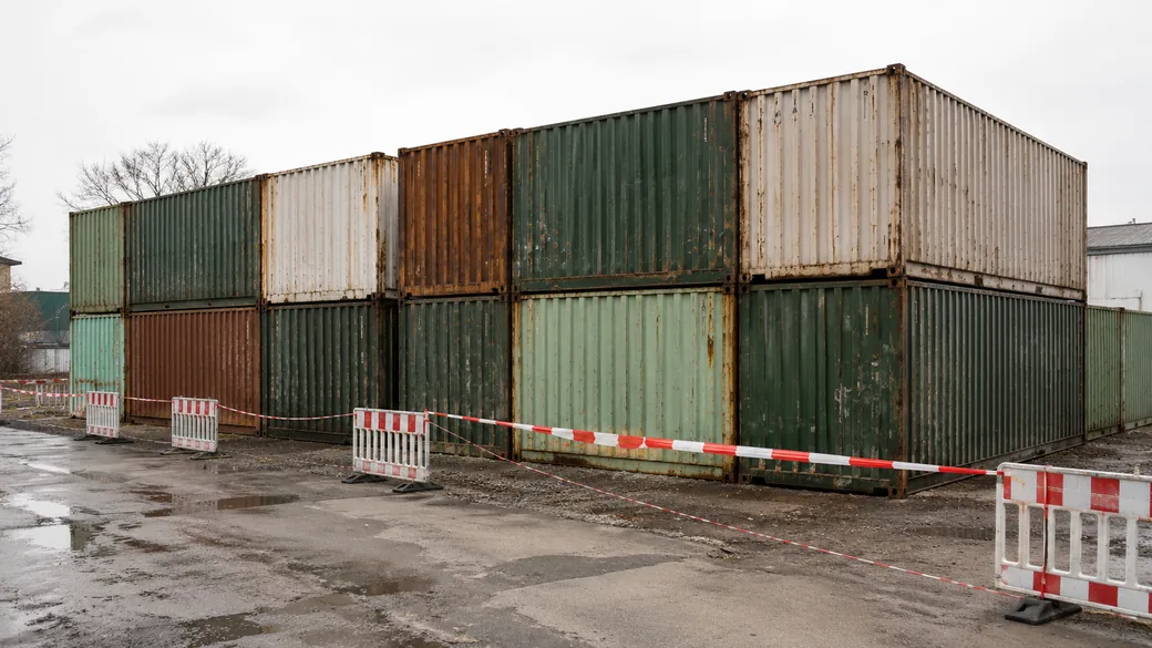 Abgesperrte Schutzwand aus gestapelten Seecontainern auf gesichertem Gelände