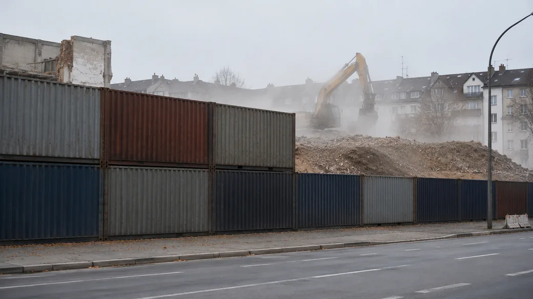 Containerwand dämmt Staub bei Abbrucharbeiten an einer Wohnstraße ein