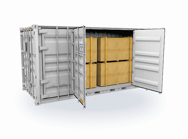 Open-Side-Container-Ansicht mit seitlich geöffneten Türen und sichtbar eingelagerten Kisten