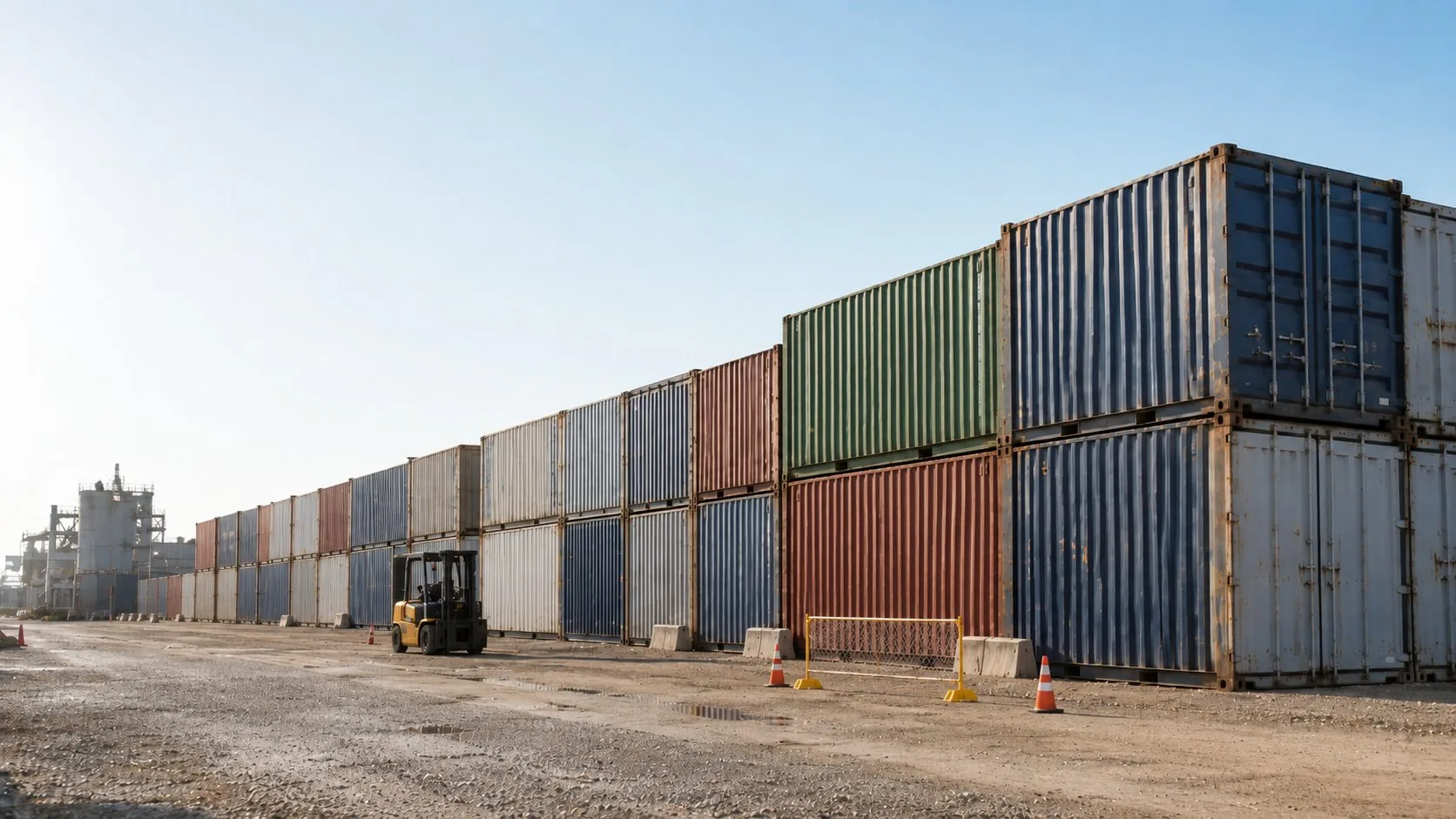 Lange Schutzwand aus gestapelten Seecontainern auf einem Industriegelände