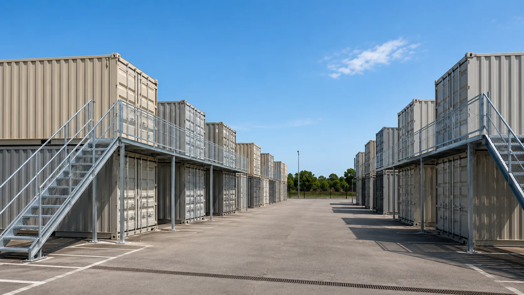 Self-Storage-Anlage aus zweistöckig gestapelten Lagercontainern mit Stahltreppen und breiter Fahrgasse